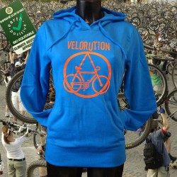 Velorution, fille sweat capuche bio-equitable bleu devant